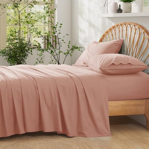 Entisn Pure Cotton Sheets Queen Size Bed Set 4 Pieces, 400 Thread Count Cotton Sheet Set with All Around Elastic for Snug Fit, All Seasons Breathable & Soft Bedding, 16 Inch Deep Pocket, Dusty Pink - Image 1