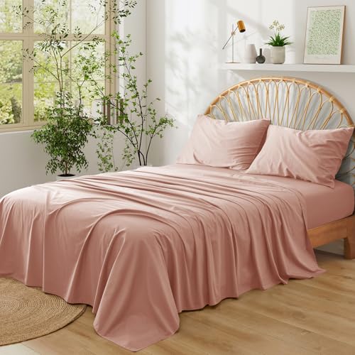 Entisn Pure Cotton Sheets Queen Size Bed Set 4 Pieces, 400 Thread Count Cotton Sheet Set with All Around Elastic for Snug Fit, All Seasons Breathable & Soft Bedding, 16 Inch Deep Pocket, Dusty Pink - Image 2