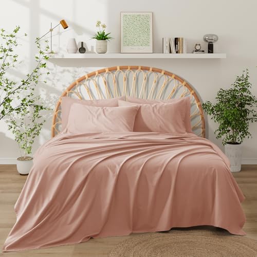 Entisn Pure Cotton Sheets Queen Size Bed Set 4 Pieces, 400 Thread Count Cotton Sheet Set with All Around Elastic for Snug Fit, All Seasons Breathable & Soft Bedding, 16 Inch Deep Pocket, Dusty Pink - Image 3