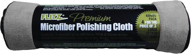 Flitz Premium Microfiber Polishing Cloth 400 GSM 16 x 16 USAMade Grey Lint Free Microfiber Cleaning Cloth Washable and Ultra Absorbent Micro Fiber Towel for Cars Metals More 4 Pack