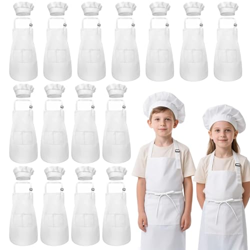IAGBIBUI Kids Apron and Chef Hat Set, 30 Pieces Boys Girls Kids Apron with 2 Pockets Adjustable for Cooking Classroom Baking Painting, 6-13 Years, White - Image 1