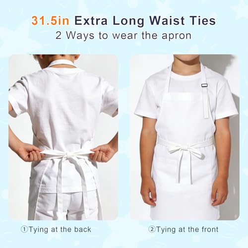 IAGBIBUI Kids Apron and Chef Hat Set, 30 Pieces Boys Girls Kids Apron with 2 Pockets Adjustable for Cooking Classroom Baking Painting, 6-13 Years, White - Image 3