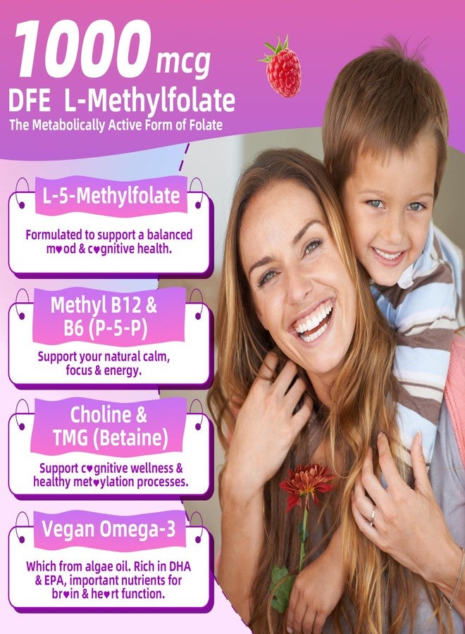 Mchokuu L-Methylfolate (5-MTHF) Gummies 1000mcg, Advanced Folate Supplement for Women & Men with Methyl B12, Choline, TMG & Omega-3 for Energy Support, Sugar Free Raspberry Flavor, Vegan 60 Count - Image 2