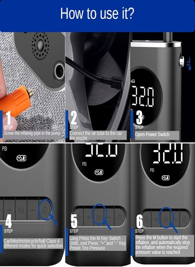 Portable Air Compressor Mini Tire Inflator With 4000mAh Rechargeable Battery Cordless Tire Pump 150 PSI LED Emergency Light Air Pump Pressure Gauge Car Bike Motorcycle Inflatable Ball - Image 5