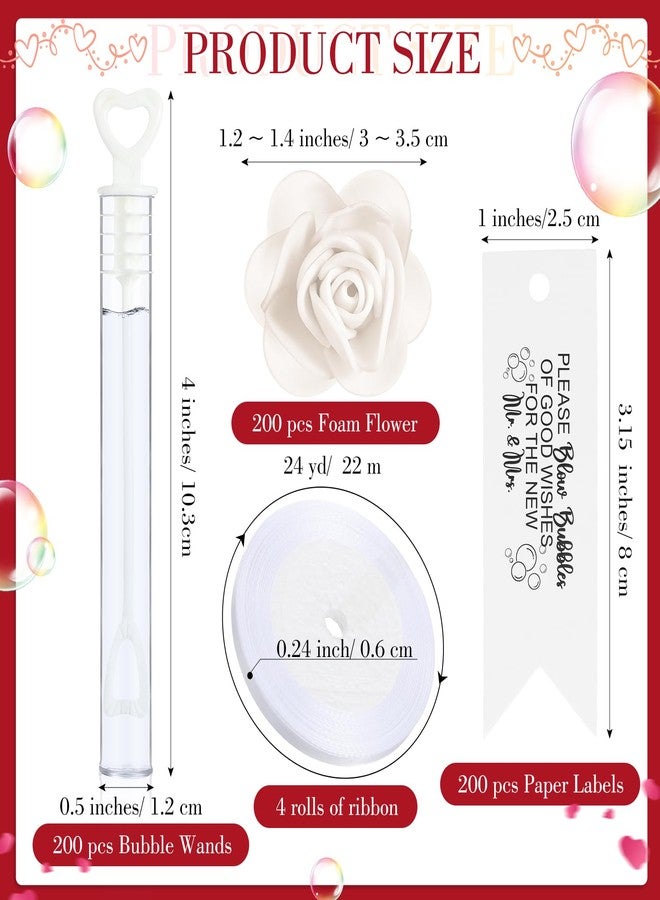 PullCrease 200 Set Wedding Bubble Wands Bulk Include Mini Heart Bubble Wand with Refill Flower Ribbon and Tags for Wedding Send Off Guests Anniversaries Party Favor (White) - Image 2