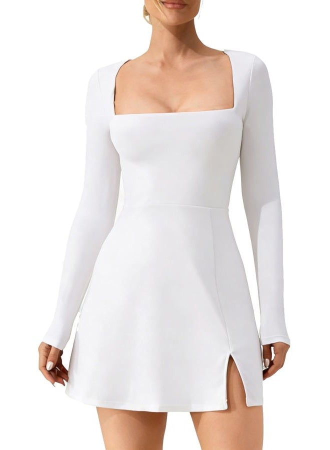 MAGICMK Women's Long Sleeve Square Neck Split Hem Bodycon Mini Party Club Cocktai Dress, White, M - Image 1