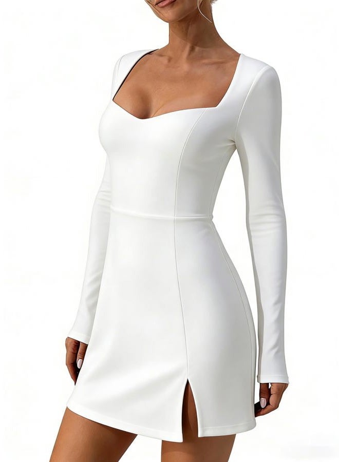 MAGICMK Women's Long Sleeve Square Neck Split Hem Bodycon Mini Party Club Cocktai Dress, White, M - Image 4