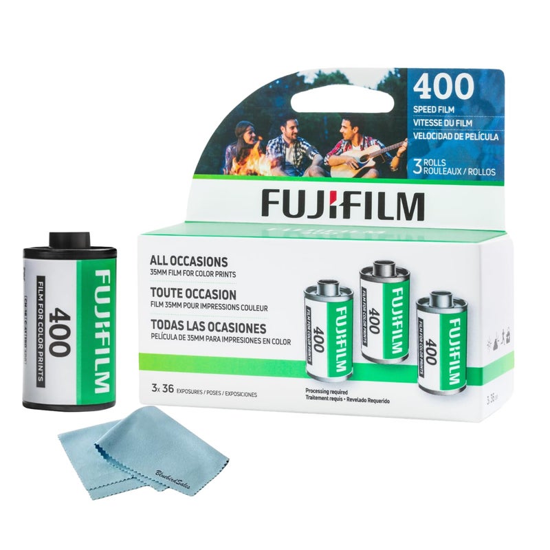 FUJIFILM 400 Color Negative Film (35mm Roll Film, 36 Exposures, 3-Rolls) + BluebirdSales Microfiber Cleaning Cloth - Image 1