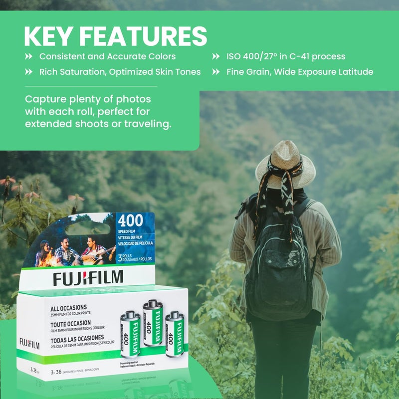 FUJIFILM 400 Color Negative Film (35mm Roll Film, 36 Exposures, 3-Rolls) + BluebirdSales Microfiber Cleaning Cloth - Image 4