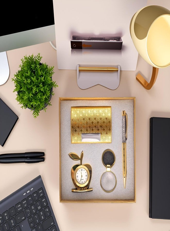 LAVANAYA SILVER®- Gold Plated 4-in-1 Corporate Gift Set for Men - Apple Shape Table Clock, Crystal Pen, Business Card Holder & Keychain - Ideal for Office | Anniversary | Birthday & Corporate Gifting - Image 1