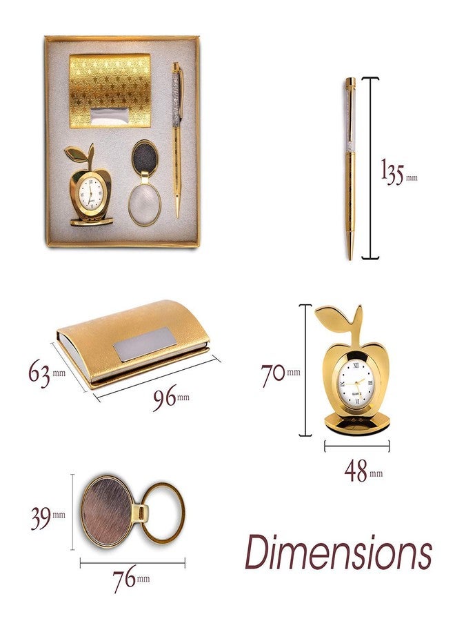 LAVANAYA SILVER®- Gold Plated 4-in-1 Corporate Gift Set for Men - Apple Shape Table Clock, Crystal Pen, Business Card Holder & Keychain - Ideal for Office | Anniversary | Birthday & Corporate Gifting - Image 3