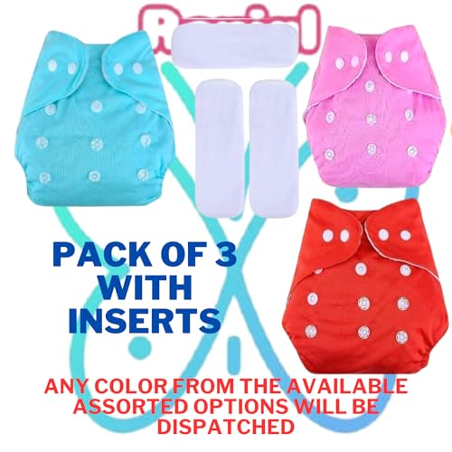 RENIAL REUSABLE CLOTH DIAPERS (DIAPERS AND INSERTS) ADJUSTABLE FREESIZE FOR BABIES BETWEEN 3 MONTHS TO 3 YEARS MULTICOLORS [PACK OF 3] - Image 3