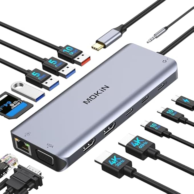 Mokin USB C LAPTOP DOCKING STATION DUAL MONITOR, 14 IN 1 USB C HUB MULTIPORT ADAPTER WITH 2 HDMI 4K, VGA, RJ45 ETHERNET, 10 GBPS USB C/A, 100W PD, SD/TF, 3.5MM AUDIO&MIC FOR DELL HP LENOVO SURFACE - Image 1