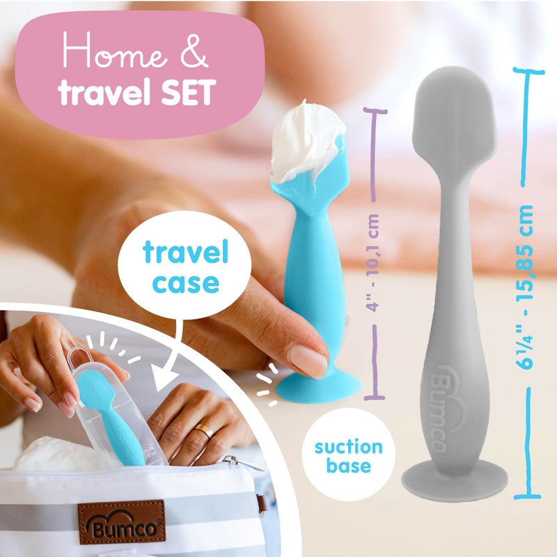 Baby Bum Brush Bumco Baby Bum Brush + Mini Baby Diaper Cream Spatula with Case - BPA-Free Silicone Diaper Spatula with Suction Cup, Wipe-Clean, Mom-Invented Butt Paste Applicator (Gray & Blue) - Image 3