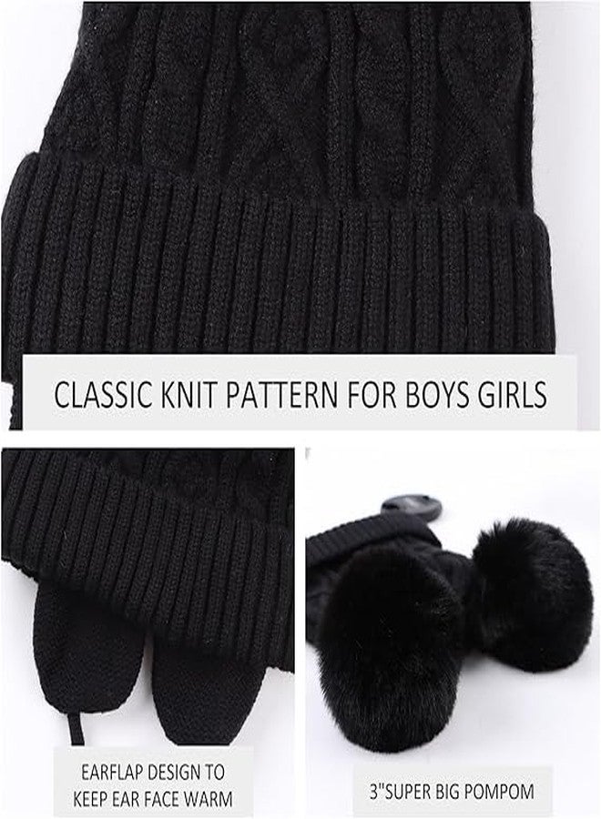 قبعة شتوية للأطفال من ريتشمن، قبعة شتوية دافئة للأطفال الصغار بتصميم قطة لطيفة، قبعة صوفية محبوكة مزدوجة الكرات للأولاد والبنات (من 6 أشهر إلى 5 سنوات) (أسود) - Image 4