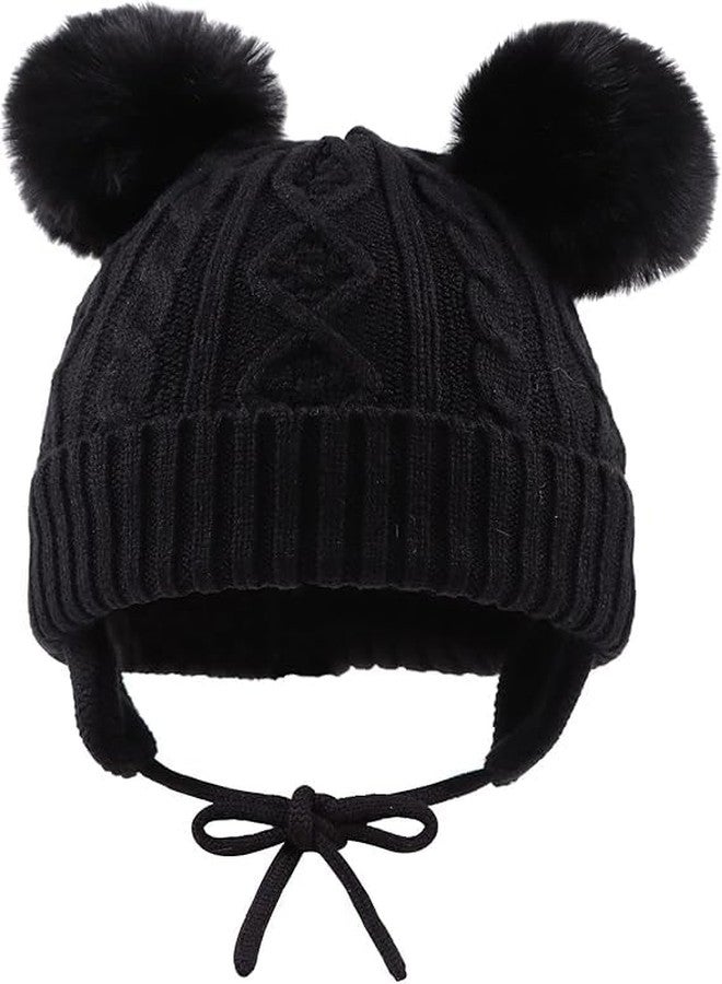 قبعة شتوية للأطفال من ريتشمن، قبعة شتوية دافئة للأطفال الصغار بتصميم قطة لطيفة، قبعة صوفية محبوكة مزدوجة الكرات للأولاد والبنات (من 6 أشهر إلى 5 سنوات) (أسود) - Image 1