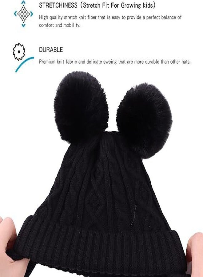 قبعة شتوية للأطفال من ريتشمن، قبعة شتوية دافئة للأطفال الصغار بتصميم قطة لطيفة، قبعة صوفية محبوكة مزدوجة الكرات للأولاد والبنات (من 6 أشهر إلى 5 سنوات) (أسود) - Image 2