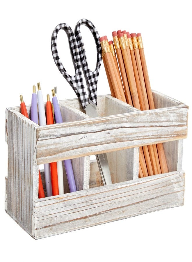Juvale Farmhouse Decor 3-Compartment Pencil Holder & Desk Organizer - 9.5 x 4.25 x 4 in - Cedarwood Rustic Finish - Rustic Pen Organizer for Office & Classroom - Image 1