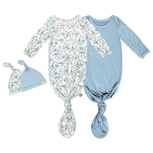 MY LITTLE ZONE 2-Pack Knotted Baby Gowns & Caps 0-3 Months - Hospital Outfit Sleep for Girls & Boys, Easy Tie Sleeper Gowns, Going Home Outfit for Baby Nightgowns - Designed in France, Botanical Blue Collections - Image 1