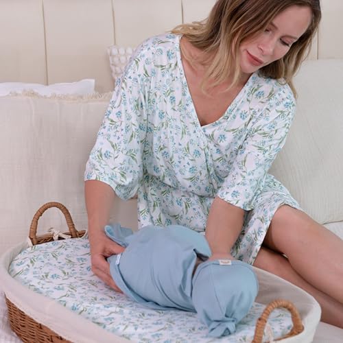 MY LITTLE ZONE 2-Pack Knotted Baby Gowns & Caps 0-3 Months - Hospital Outfit Sleep for Girls & Boys, Easy Tie Sleeper Gowns, Going Home Outfit for Baby Nightgowns - Designed in France, Botanical Blue Collections - Image 5