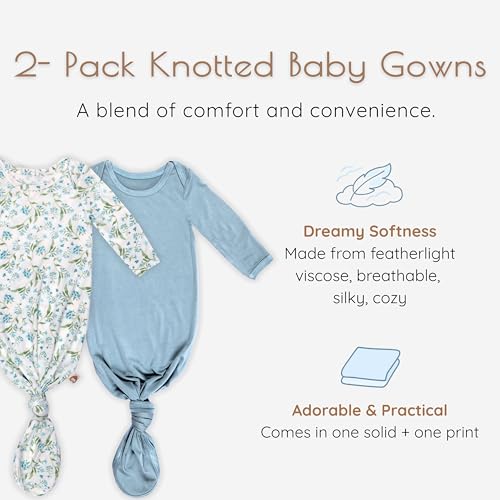 MY LITTLE ZONE 2-Pack Knotted Baby Gowns & Caps 0-3 Months - Hospital Outfit Sleep for Girls & Boys, Easy Tie Sleeper Gowns, Going Home Outfit for Baby Nightgowns - Designed in France, Botanical Blue Collections - Image 3