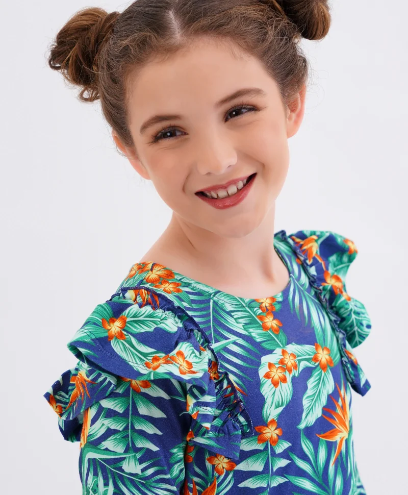 Primo Gino Primo Gino 3/4th Sleeves Floral Digital Print Top With Frill Detail In Cotton Elastane Fabric- Blue