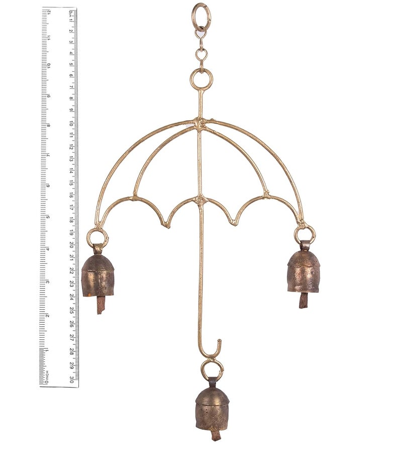 Ethnics of Kutch Ethnics of Kutch Hand Made Metal Bells Wrought Iron CopperZinc Coated Home Dcor Chimes Cow Bell Umbrella 3 Bells 36 cms Length Colour Copper BEL0044 - Image 4