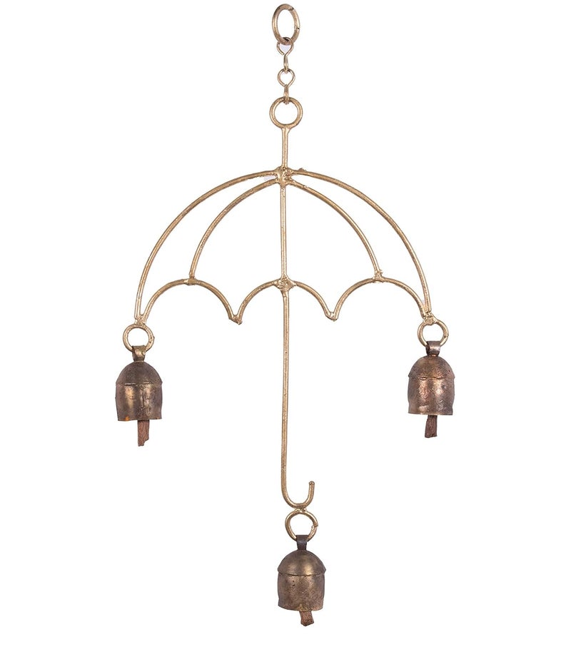 Ethnics of Kutch Ethnics of Kutch Hand Made Metal Bells Wrought Iron CopperZinc Coated Home Dcor Chimes Cow Bell Umbrella 3 Bells 36 cms Length Colour Copper BEL0044 - Image 1