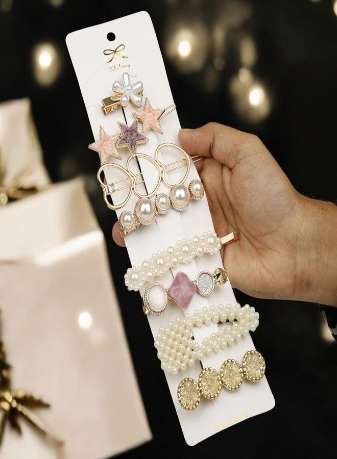 Lupro Hair Pins for Women Korean Fancy Metal Hair Clips for Daily Parties and Wedding Use Aesthetic Pearl Heart Flower Accessories Hair Styling Set (White and Pastels) - Image 1