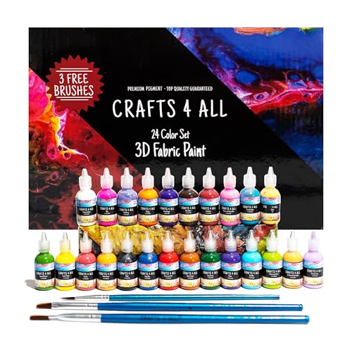 Crafts 4 All Fabric Paint Set - Pack of 24 Permanent, Assorted 3D Paints for Decorating Clothes, Shoes, Canvas, Wood and Paper - Brushes Included - Art Supplies - Image 1