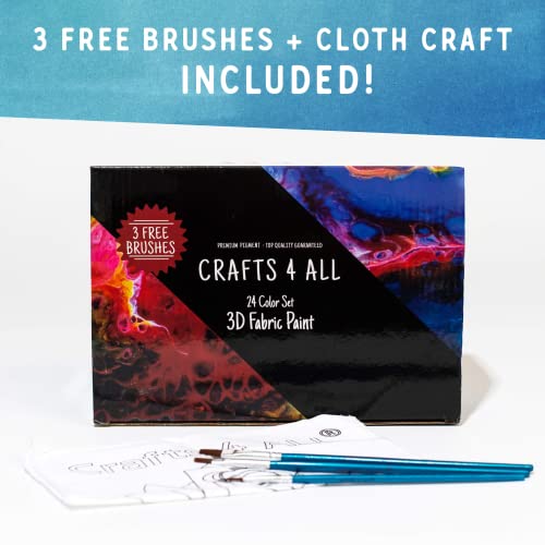 Crafts 4 All Fabric Paint Set - Pack of 24 Permanent, Assorted 3D Paints for Decorating Clothes, Shoes, Canvas, Wood and Paper - Brushes Included - Art Supplies - Image 3