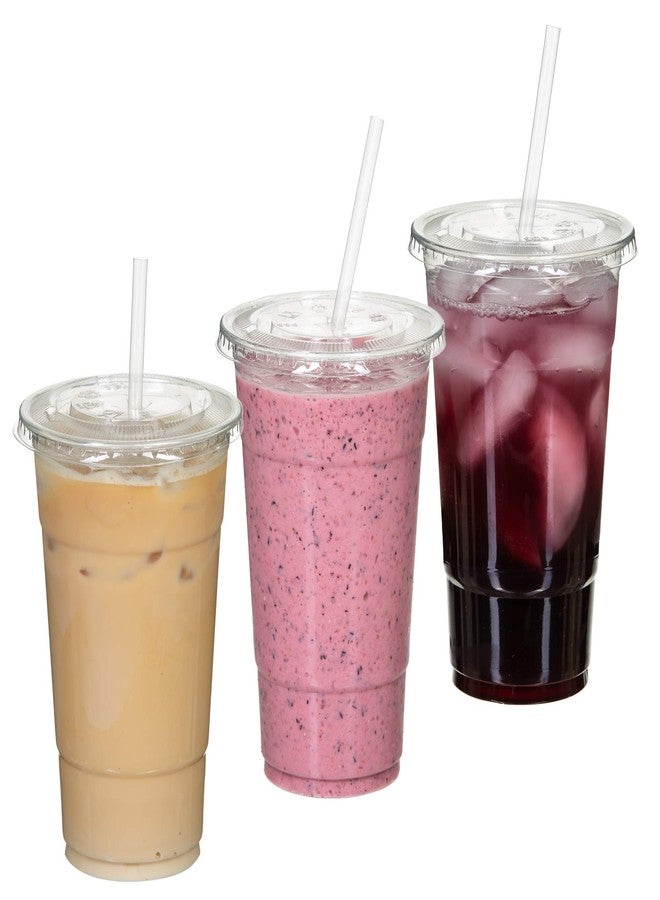 QUIDDITY WARE 100 Sets (24oz) Disposable Crystal Clear Plastic Cups with Flat Lids and Straws - Image 2