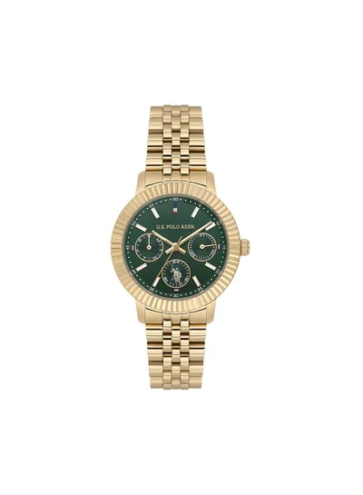 يو اس بولو اسن Crossing Green Dial Stainless Steel Bracelet Multifunction Watch for Women, 34mm