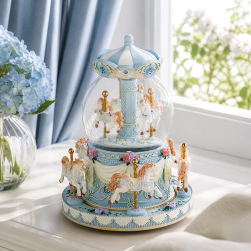 Mr.Winder Blue Carousel Snow Globe Music Box with LED Lights, Rotating Horse Merry Go Round with Glitter Snowfall, Wind Up Musical Snow Globe Plays Over the Rainbow, Gift for Daughter Granddaughter Women - Image 1