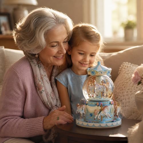 Mr.Winder Blue Carousel Snow Globe Music Box with LED Lights, Rotating Horse Merry Go Round with Glitter Snowfall, Wind Up Musical Snow Globe Plays Over the Rainbow, Gift for Daughter Granddaughter Women - Image 5