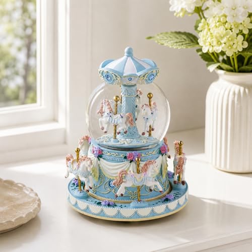 Mr.Winder Blue Carousel Snow Globe Music Box with LED Lights, Rotating Horse Merry Go Round with Glitter Snowfall, Wind Up Musical Snow Globe Plays Over the Rainbow, Gift for Daughter Granddaughter Women - Image 3
