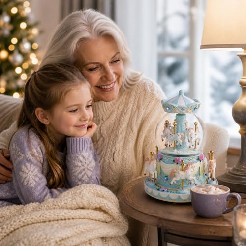 Mr.Winder Blue Carousel Snow Globe Music Box with LED Lights, Rotating Horse Merry Go Round with Glitter Snowfall, Wind Up Musical Snow Globe Plays Over the Rainbow, Gift for Daughter Granddaughter Women - Image 4