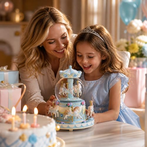 Mr.Winder Blue Carousel Snow Globe Music Box with LED Lights, Rotating Horse Merry Go Round with Glitter Snowfall, Wind Up Musical Snow Globe Plays Over the Rainbow, Gift for Daughter Granddaughter Women - Image 2