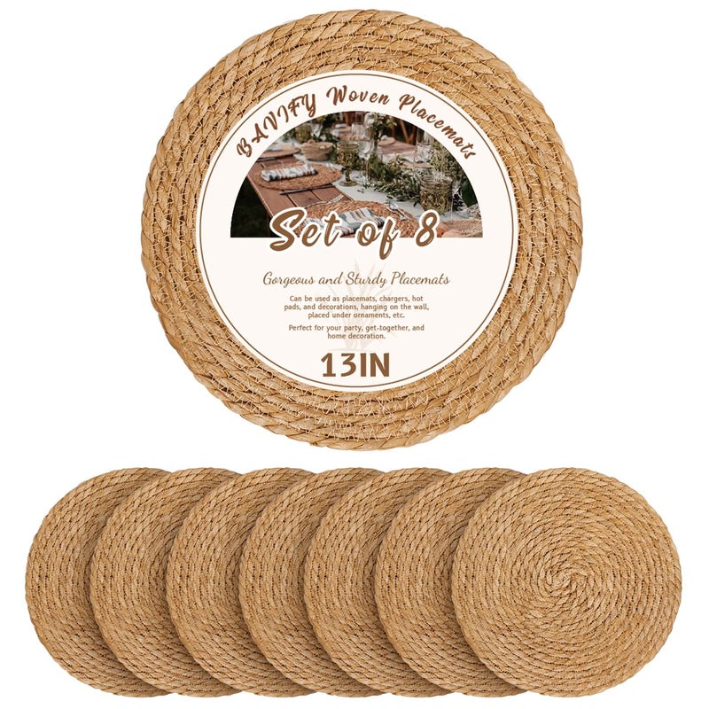 BAVIFY 13 in Round Woven Boho Placemats Set of 8, Wicker Rattan Place Mats Chargers for Dinner Plates, Farmhouse Rustic Table Mats for Dining Table Decor - Image 1
