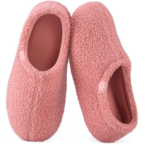 HomeTop Women's Fuzzy Curly Fur Memory Foam Loafer Slippers Bedroom House Shoes with Polar Fleece Lining (6.5, Pink) - Image 1