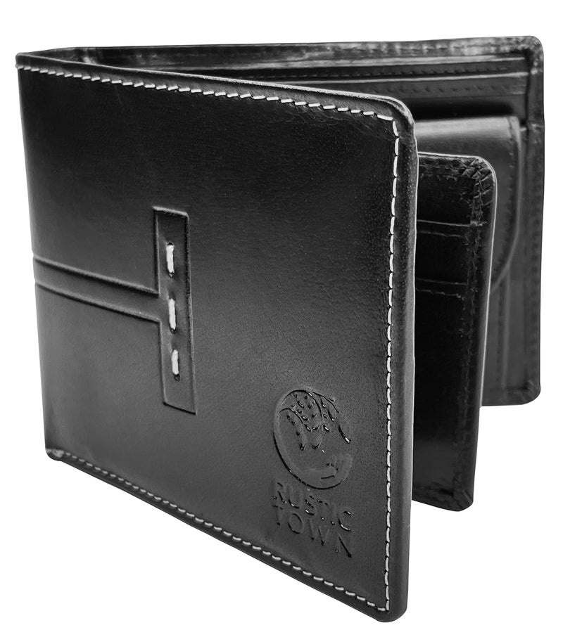 Rustic Town Mens Wallets - Full Grain Leather RFID Wallet for Men with ID Window, Card Slots and Coin Pocket (Large, Black) - Image 1