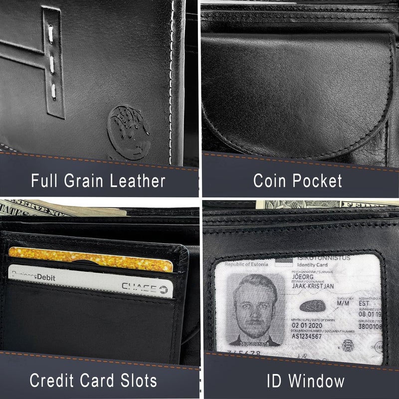 Rustic Town Mens Wallets - Full Grain Leather RFID Wallet for Men with ID Window, Card Slots and Coin Pocket (Large, Black) - Image 3