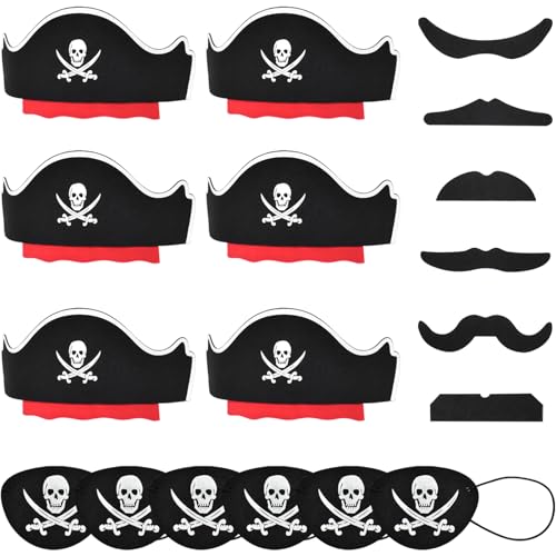 Halatool 6 Set Pirate Accessories for Kids Include 6 Felt Pirates Hats with 6 Eye Patches and 6 Mustaches Pirate Costume Accessories for Halloween Masquerade Cosplay Party Favors Decor - Image 1