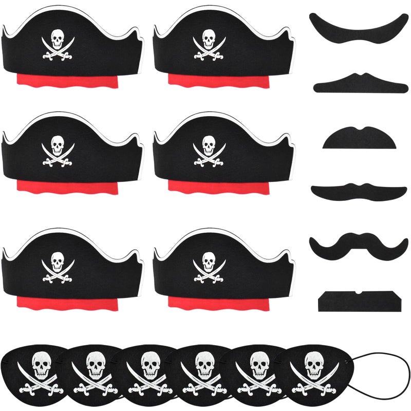 Halatool 6 Set Pirate Accessories for Kids Include 6 Felt Pirates Hats with 6 Eye Patches and 6 Mustaches Pirate Costume Accessories for Halloween Masquerade Cosplay Party Favors Decor - Image 3