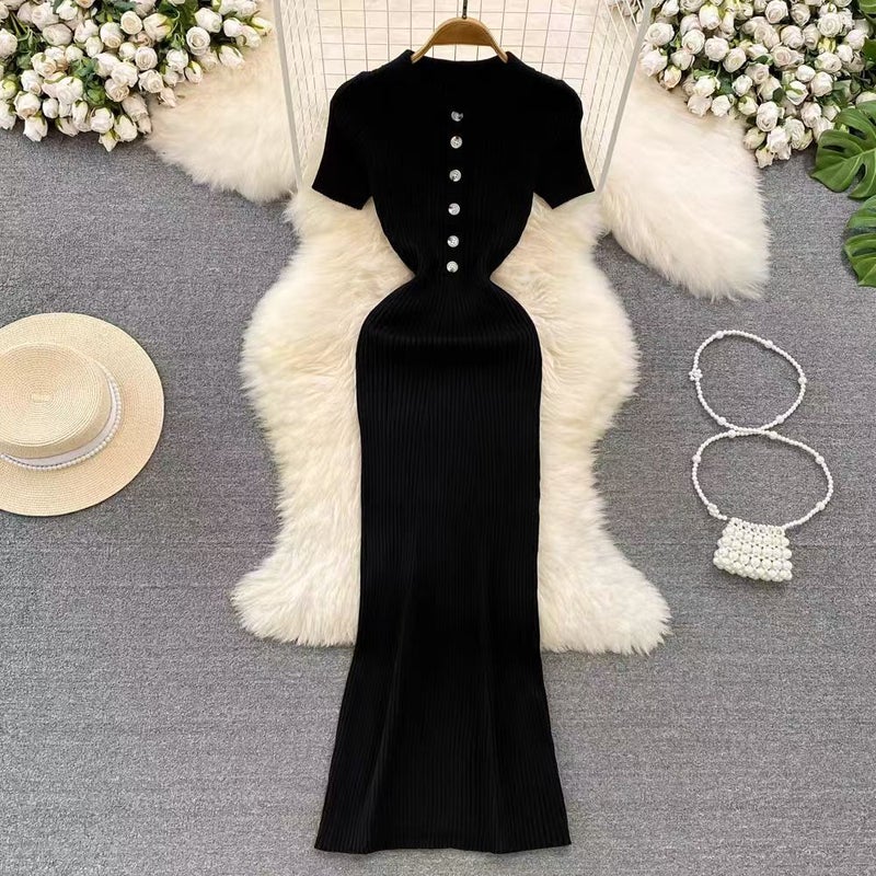 2024 Summer Japanese Korean Womens Short-sleeved Sweater Dress Slim-fit Slimming Fishtail Knitted dress Dress 6437 Grey - Image 2