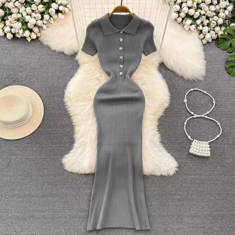 2024 Summer Japanese Korean Womens Short-sleeved Sweater Dress Slim-fit Slimming Fishtail Knitted dress Dress 6437 Grey - Image 1