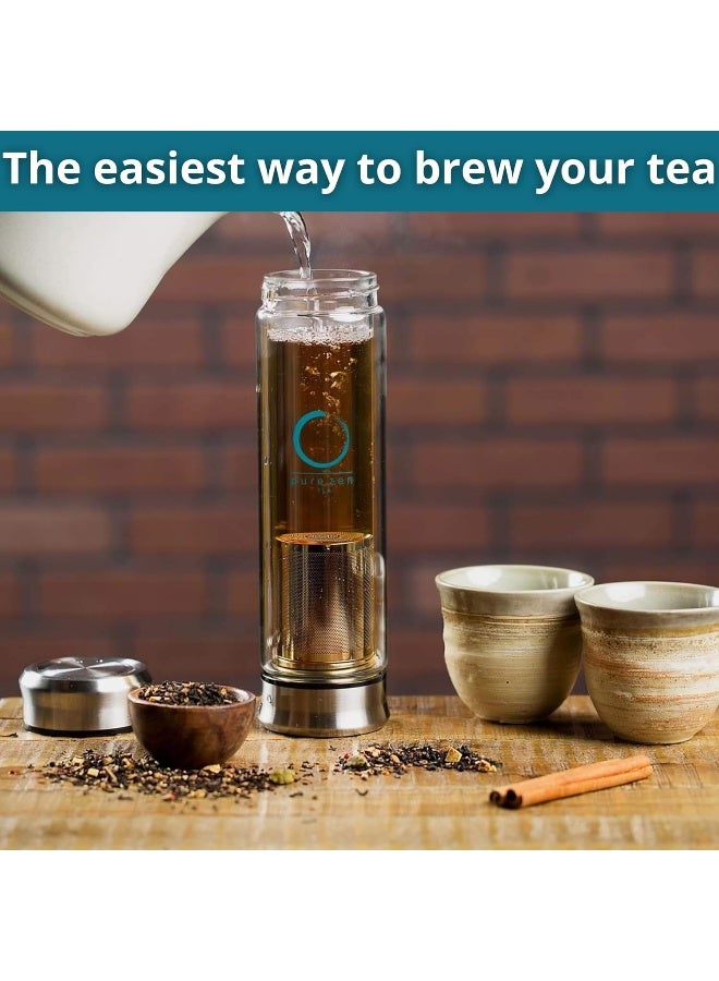 Pure Zen Tea  Tumbler With Infuser - Double Wall Glass Travel Tea Mug With Stainless Steel Filter - Leakproof Tea Infuser Bottle With Strainer For Loose Leaf Tea And Fruit Water 14 Ounce  - Image 1