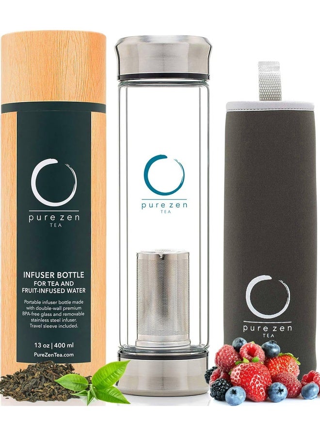 Pure Zen Tea  Tumbler With Infuser - Double Wall Glass Travel Tea Mug With Stainless Steel Filter - Leakproof Tea Infuser Bottle With Strainer For Loose Leaf Tea And Fruit Water 14 Ounce  - Image 5