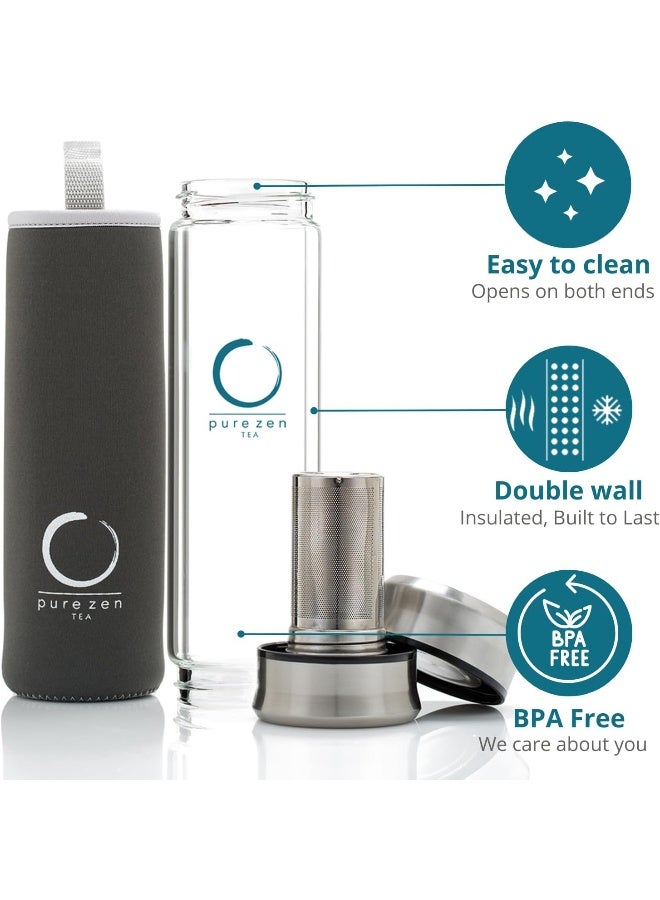 Pure Zen Tea  Tumbler With Infuser - Double Wall Glass Travel Tea Mug With Stainless Steel Filter - Leakproof Tea Infuser Bottle With Strainer For Loose Leaf Tea And Fruit Water 14 Ounce  - Image 3