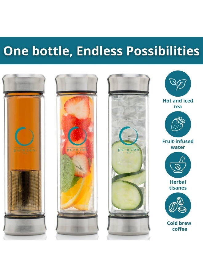 Pure Zen Tea  Tumbler With Infuser - Double Wall Glass Travel Tea Mug With Stainless Steel Filter - Leakproof Tea Infuser Bottle With Strainer For Loose Leaf Tea And Fruit Water 14 Ounce  - Image 2